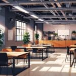 Interior moderno de un espacio de coworking repleto de equipos tecnológicos en uso