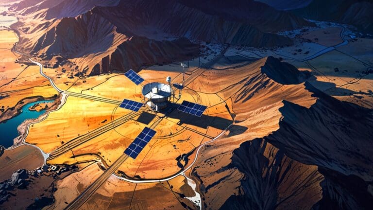 Imagen satelital de instalaciones mineras en un paisaje desértico y montañoso