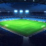 Un estadio de fútbol moderno iluminado al anochecer, vista aérea