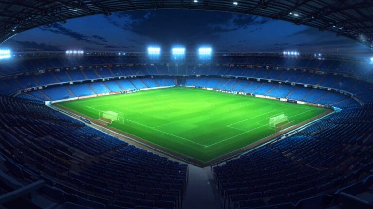 Un estadio de fútbol moderno iluminado al anochecer, vista aérea