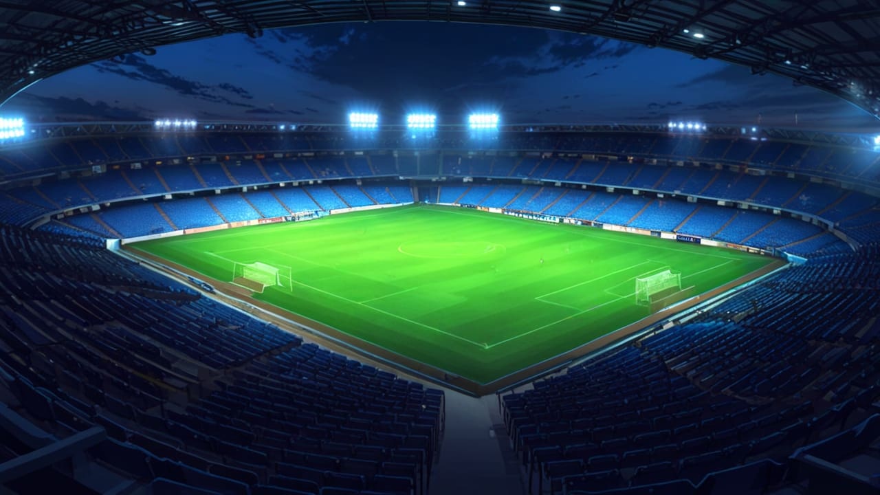 Un estadio de fútbol moderno iluminado al anochecer, vista aérea