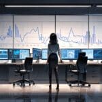 Oficina moderna con computadoras y gráficos empresariales en pantallas