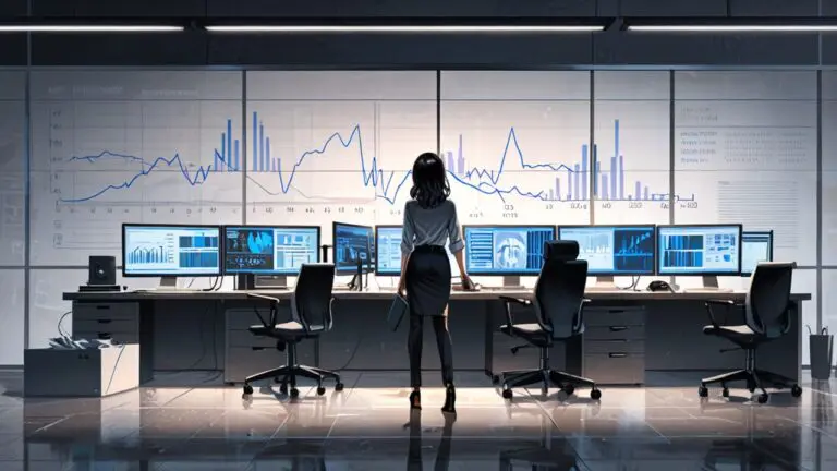 Oficina moderna con computadoras y gráficos empresariales en pantallas