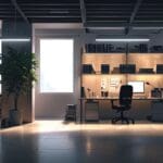 Oficina moderna de una startup tecnológica con escritorios vacíos y papeles apilados