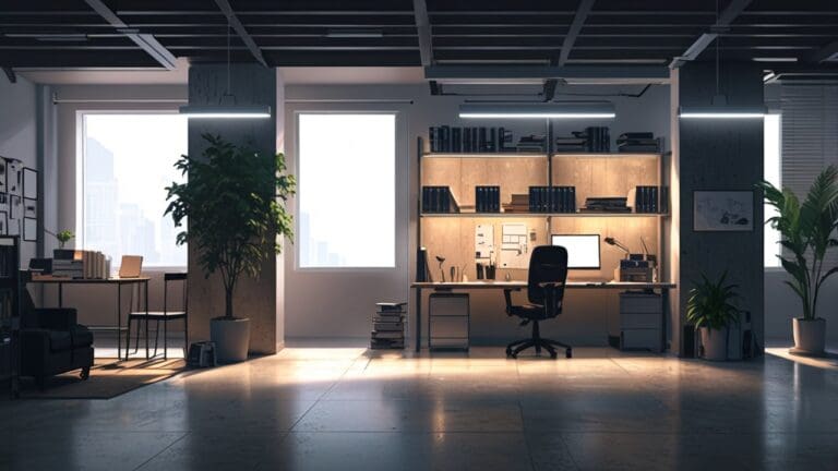 Oficina moderna de una startup tecnológica con escritorios vacíos y papeles apilados