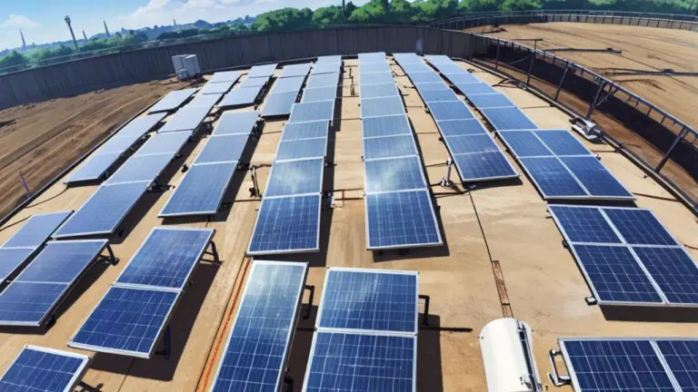 Vista panorámica de paneles solares sobre techo de una moderna fábrica en una zona industrial.