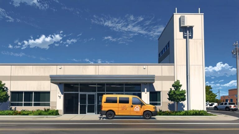 Camioneta eléctrica estacionada frente a un edificio moderno en Troy, Michigan, bajo un cielo claro