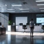 Interior de una oficina moderna con equipos de tecnología y pantallas mostrando datos financieros