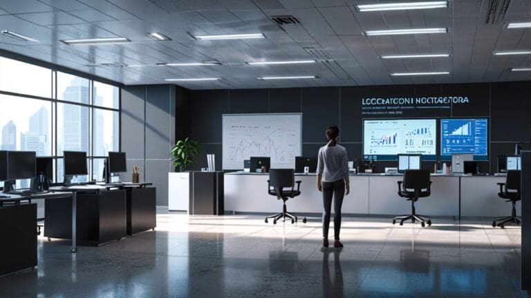 Interior de una oficina moderna con equipos de tecnología y pantallas mostrando datos financieros