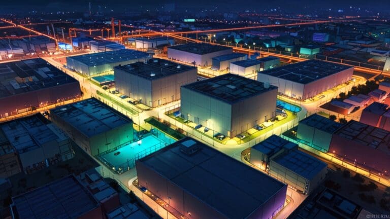 Vista aérea de un parque industrial con edificios tecnológicos iluminados en la noche