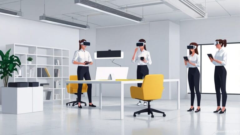 Oficina minimalista con equipo de realidad virtual en un escritorio moderno