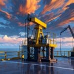 Plataforma petrolera moderna ubicada en la costa del Pacífico al amanecer