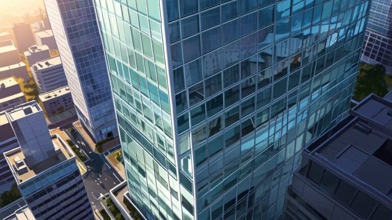 Vista aérea de un distrito financiero moderno con edificios corporativos al amanecer