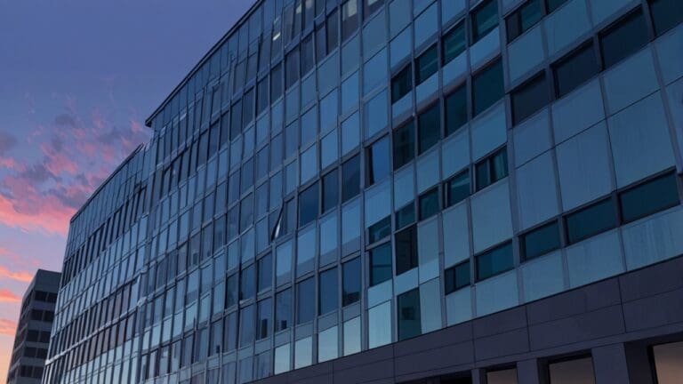 Moderno edificio de oficinas tecnológicas iluminado al anochecer