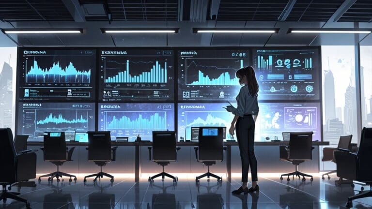 Oficinas modernas de tecnología con pantallas de datos y gráficos futuristas