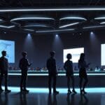 Espacio de conferencia moderna con asistentes explorando stands de tecnología y juego.