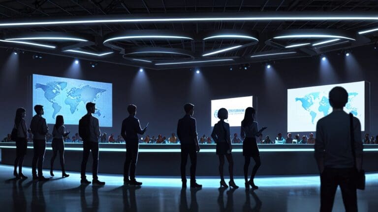 Espacio de conferencia moderna con asistentes explorando stands de tecnología y juego.