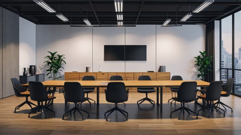Sala de juntas moderna con mesas de trabajo, laptops y gráficos financieros sobre la mesa.