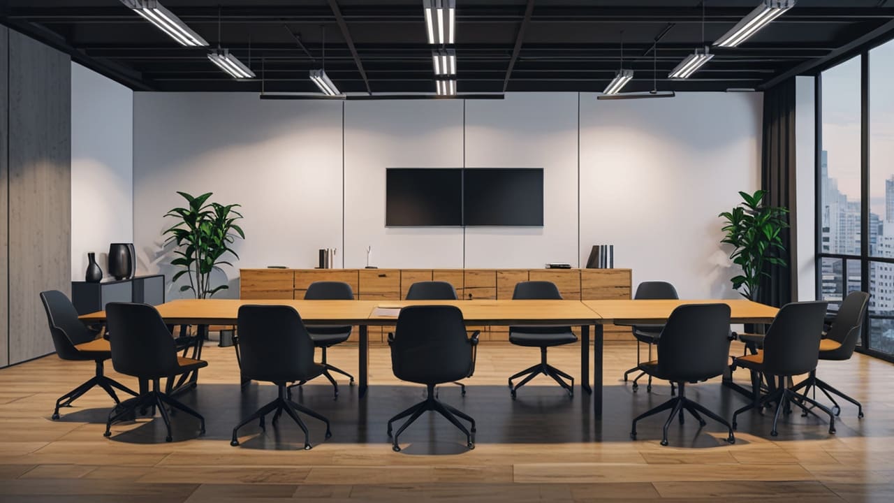 Sala de juntas moderna con mesas de trabajo, laptops y gráficos financieros sobre la mesa.