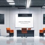 Oficinas corporativas modernas con pantallas digitales mostrando gráficos financieros y administrativos