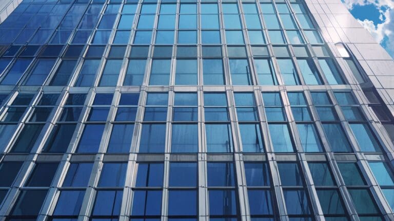Exterior moderno de un edificio de tecnología en Nueva York con cielo despejado