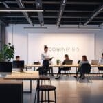 Espacio moderno de coworking con emprendedores trabajando en laptops y paneles de vidrio