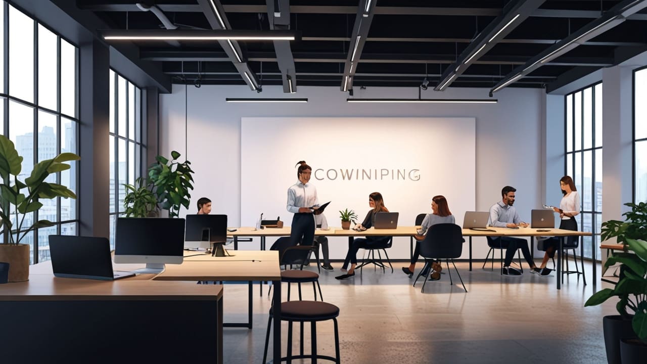 Espacio moderno de coworking con emprendedores trabajando en laptops y paneles de vidrio