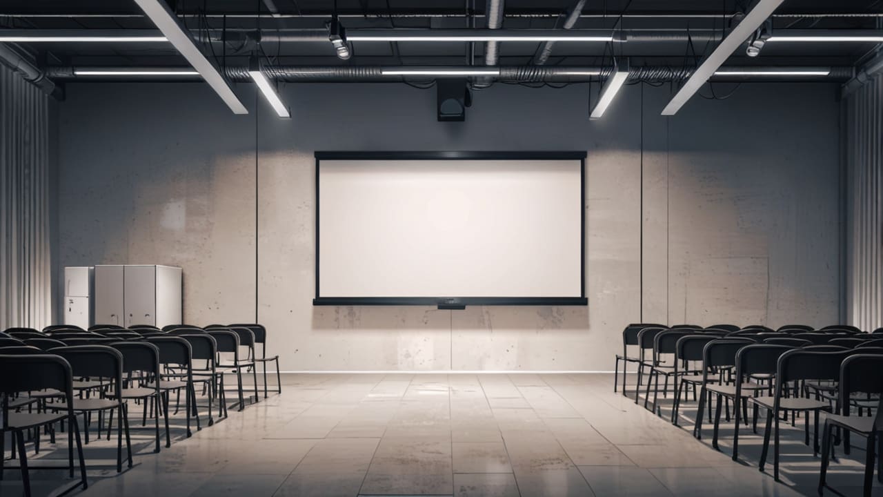 Sala de conferencias moderna con pantallas mostrando gráficos de energía sostenible