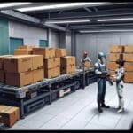 Interior de un almacén moderno con robots humanoides colaborando en tareas logísticas