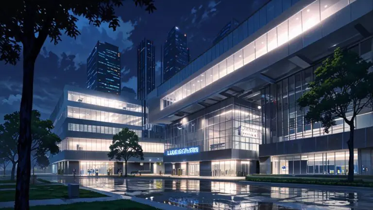 Centro de innovación tecnológica en una ciudad moderna, con edificios iluminados e infraestructuras digitales avanzadas.