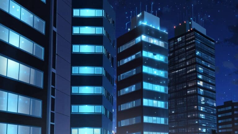 Edificios modernos y tecnológicos con luces urbanas en la noche, reflejando innovación y ciencia.