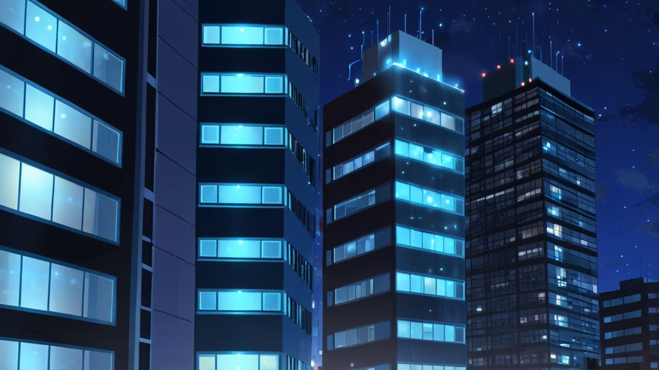 Edificios modernos y tecnológicos con luces urbanas en la noche, reflejando innovación y ciencia.