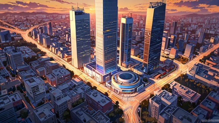 Vista aérea de un moderno centro de innovación tecnológica rodeado de ciudades vibrantes al atardecer