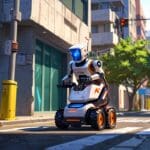 Un robot autónomo limpiando una avenida en una ciudad moderna con edificios altos al fondo.