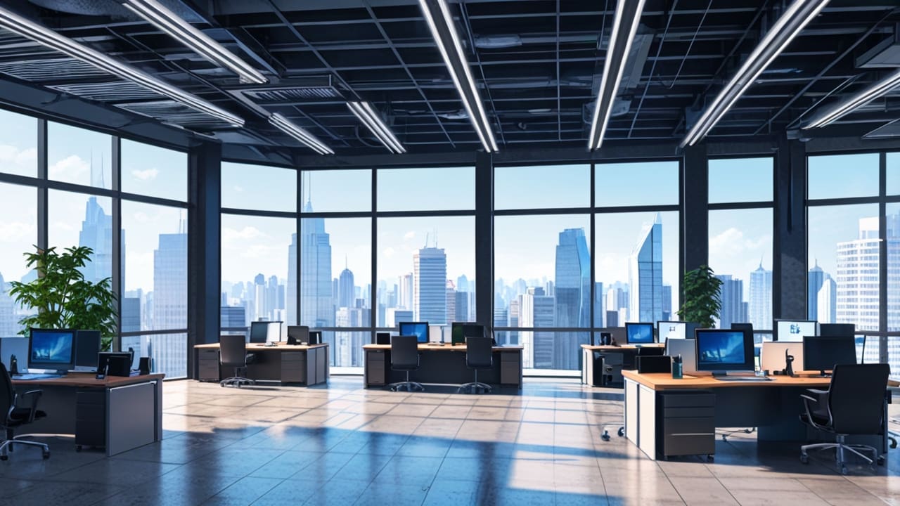 Oficinas modernas con acentos tecnológicos y vista panorámica urbana