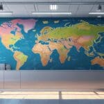 Oficina moderna de una empresa tecnológica con un mural de mapa mundi, ejecutivos revisando gráficos de crecimiento