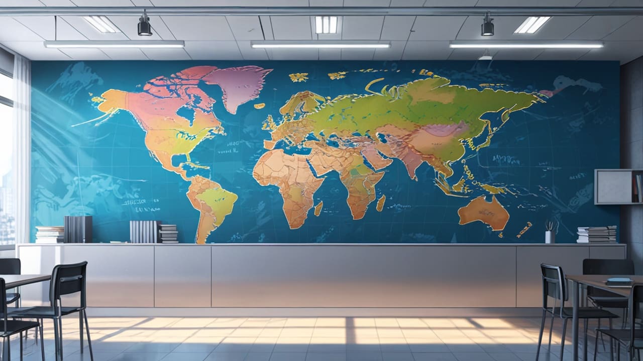 Oficina moderna de una empresa tecnológica con un mural de mapa mundi, ejecutivos revisando gráficos de crecimiento