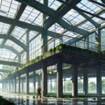 Edificios modernos y sustentables rodeados de áreas verdes y tecnología agrícola