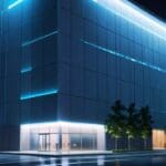 Edificio moderno con equipos tecnológicos avanzados brillando bajo una iluminación azulada