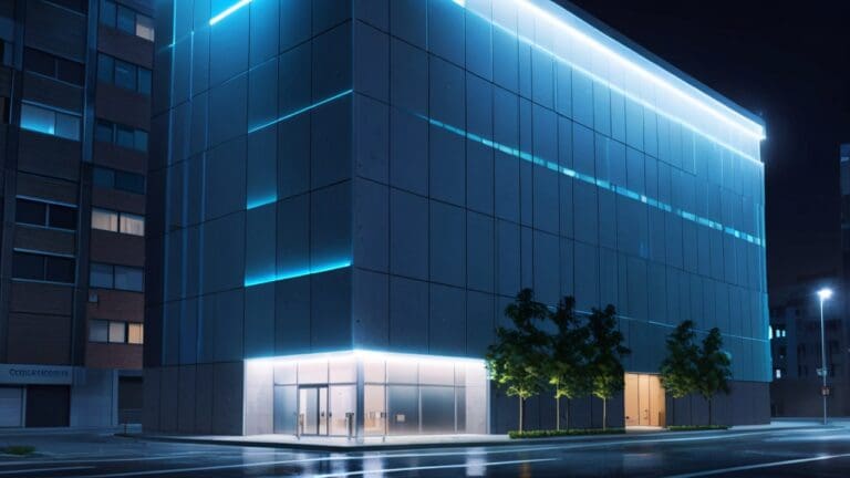 Edificio moderno con equipos tecnológicos avanzados brillando bajo una iluminación azulada
