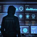 Oficina moderna con pantallas mostrando gráficos de ciberseguridad e inteligencia artificial.