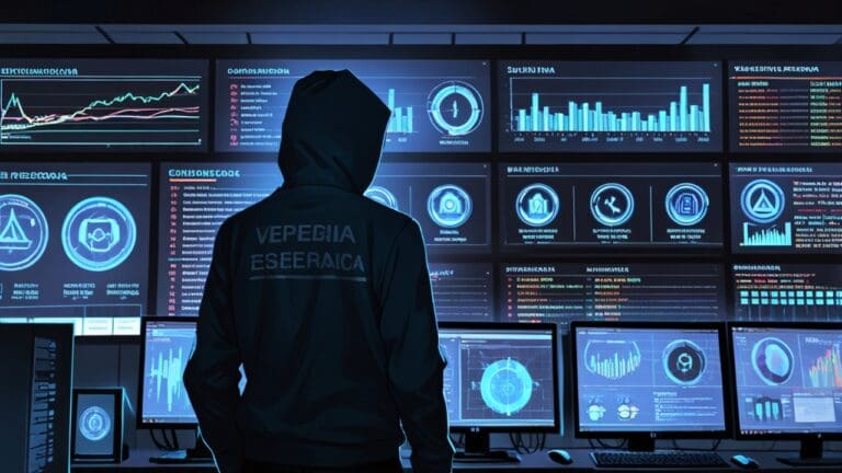 Oficina moderna con pantallas mostrando gráficos de ciberseguridad e inteligencia artificial.