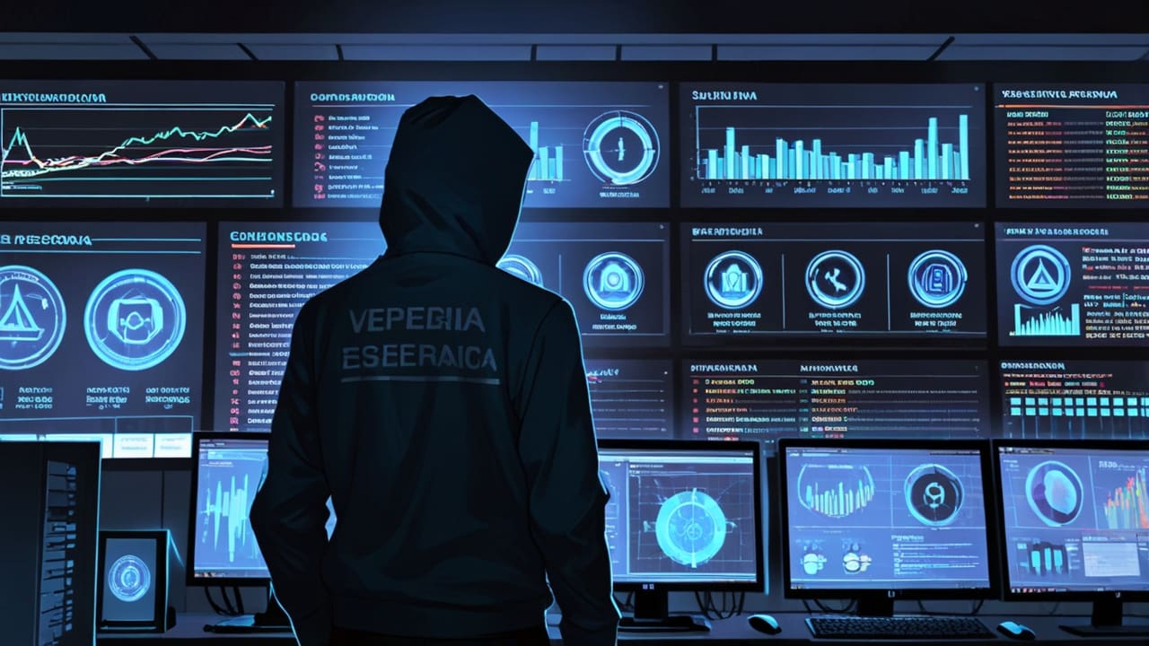 Oficina moderna con pantallas mostrando gráficos de ciberseguridad e inteligencia artificial.
