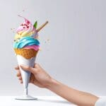 Helado colorido y futurista servido en un entorno minimalista y moderno con fondo blanco.