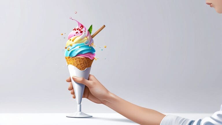 Helado colorido y futurista servido en un entorno minimalista y moderno con fondo blanco.