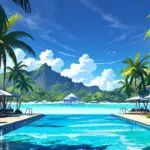 Panorámica moderna de un centro de convenciones con tecnología futurista en islas tropicales