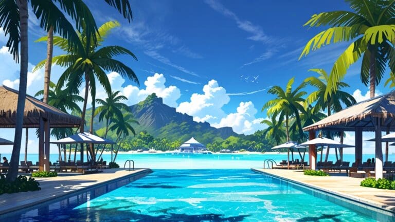 Panorámica moderna de un centro de convenciones con tecnología futurista en islas tropicales