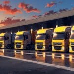 Centro logístico moderno con camiones de reparto y señales de tecnología avanzada al atardecer