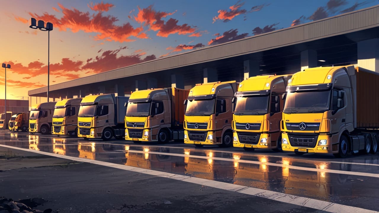 Centro logístico moderno con camiones de reparto y señales de tecnología avanzada al atardecer
