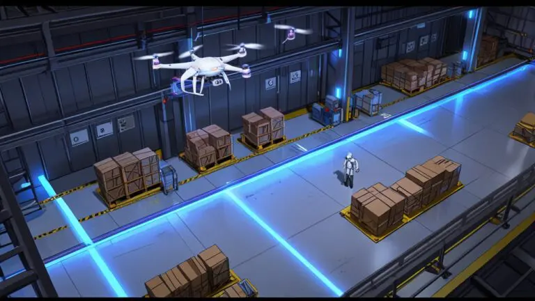 Interior de un moderno almacén logístico con drones y robots en operación, iluminado estratégicamente